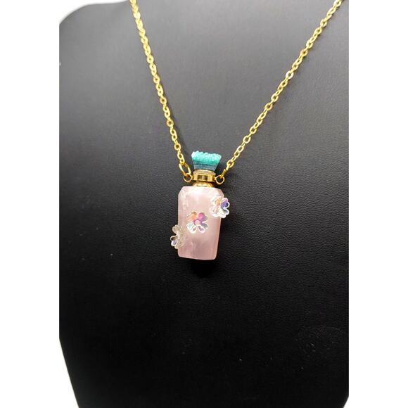 New Solid Rose Quartz Flowers Stone Bottle Necklace with Screw Off Lid - Picture 2 of 5